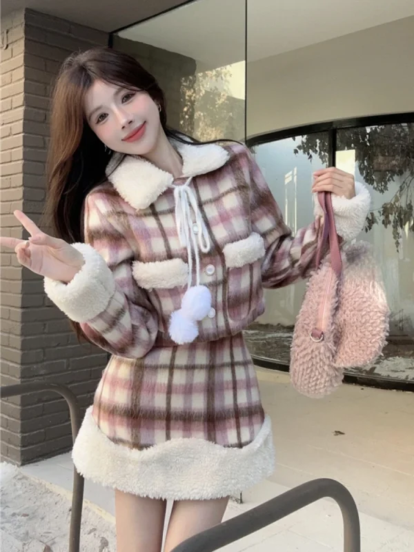 Winter Outwear Plaid Jacket Coat Suit Woman Warm Casual Kawaii Coat - Image 2