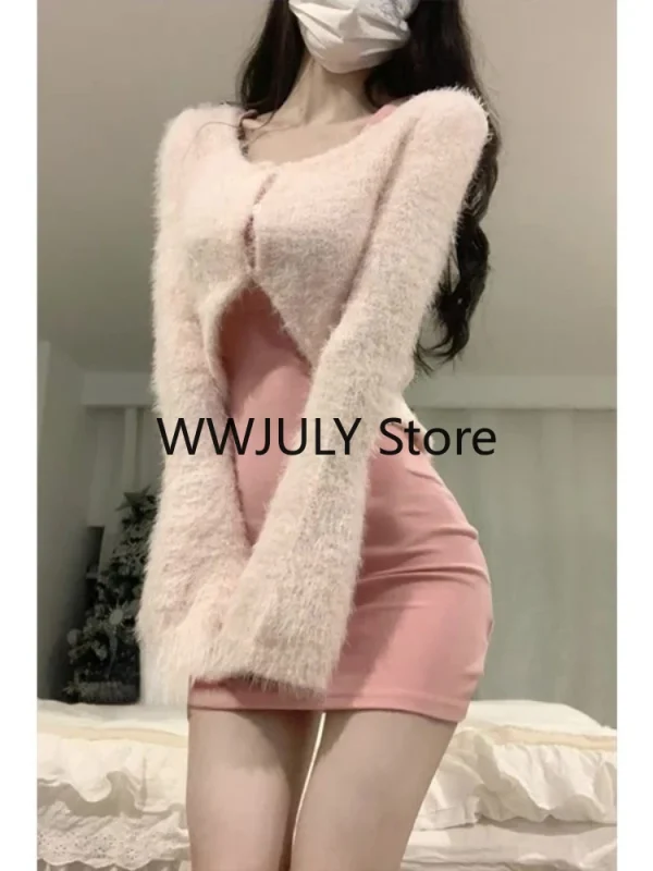 Sexy Strap Mini Dress Sets Women Pink Sweet Sweater Tops - Image 6