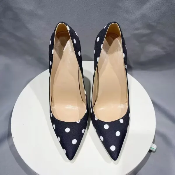 Black Polka Dot Women Satin Pointy Toe High Heel Shoes - Image 5