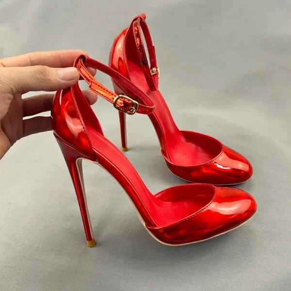 Shiny Red Patent Leather Women Ankle Strap Pumps - Image 5