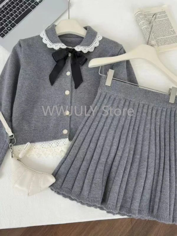 A Line Mini Skirt Suit Chic  Long Sleeve Doll Collar Knitted Cardigans - Image 5