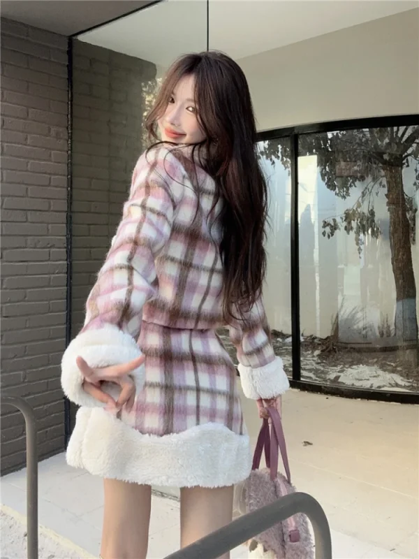 Winter Outwear Plaid Jacket Coat Suit Woman Warm Casual Kawaii Coat - Image 3