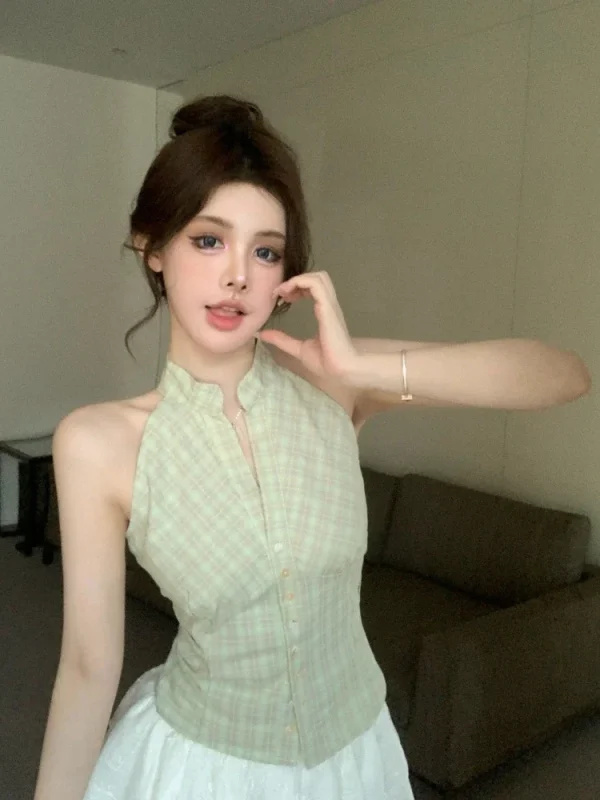 Woman Summer Shirt Sleeveless Plaid Lapel Summer Pleated Slim Fit - Image 5