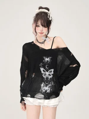 Women’s Black Gothic Graffiti Print T-shirt Harajuku Korean