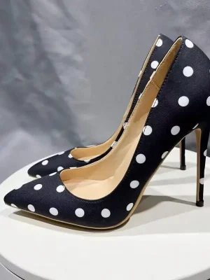 Black Polka Dot Women Satin Pointy Toe High Heel Shoes