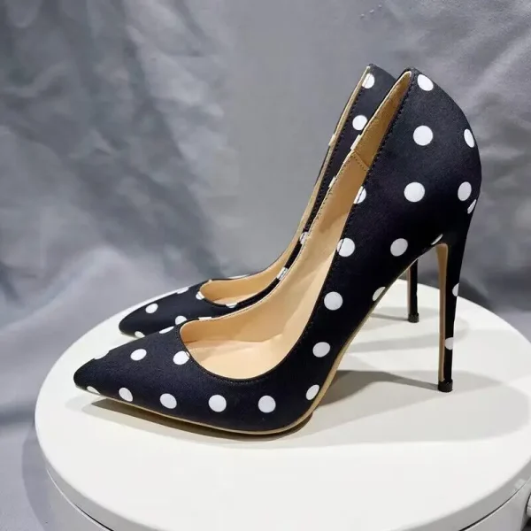 Black Polka Dot Women Satin Pointy Toe High Heel Shoes