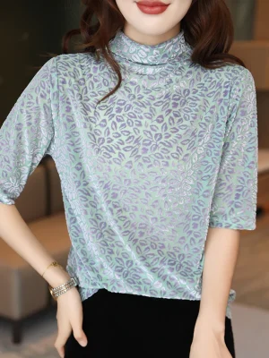 women’s sleeve T-shirt slim and slim semi-high collar leopard