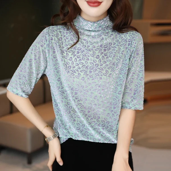 women's sleeve T-shirt slim and slim semi-high collar leopard