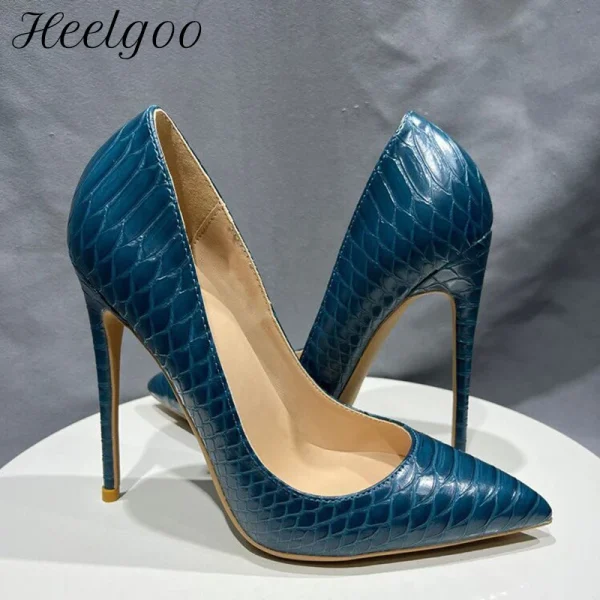 Dark Blue Croc-Effect Women Sexy Pointy Toe High Heel Shoes - Image 2