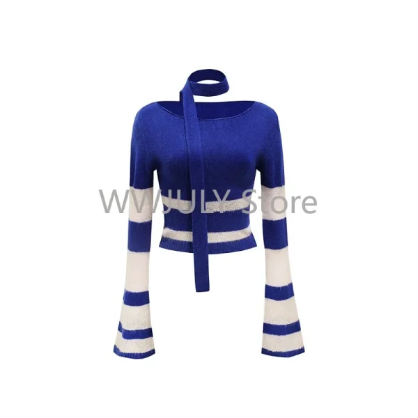 Blue Knitted Sets Women Korean Fashion Striped Suit Casual - Image 9