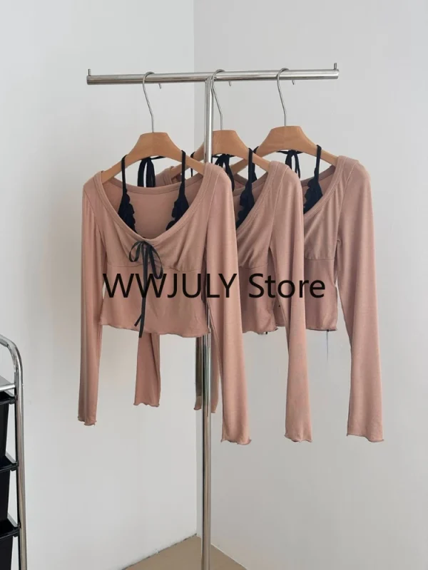 Korean Fashion Fake Two Tops Basic Casual Long Sleeve Blouse Woman - Image 7