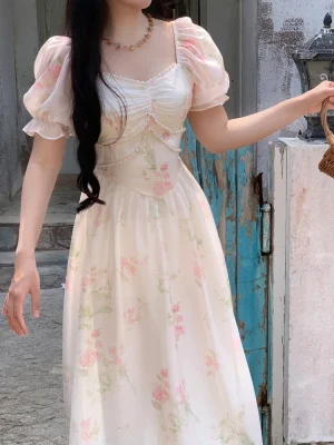 Elegant Sundress Women Short Sleeves Floral Midi Dress