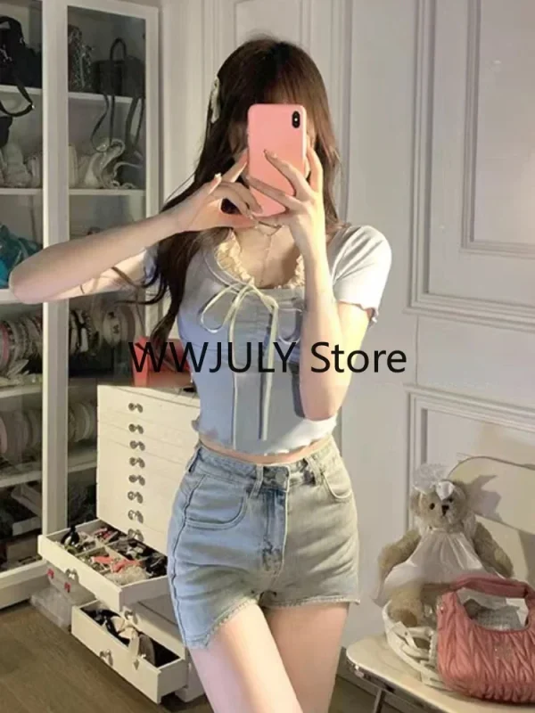 Sweet Kawaii Crop Tops Women Blue Bodycon Slim Blouse - Image 4