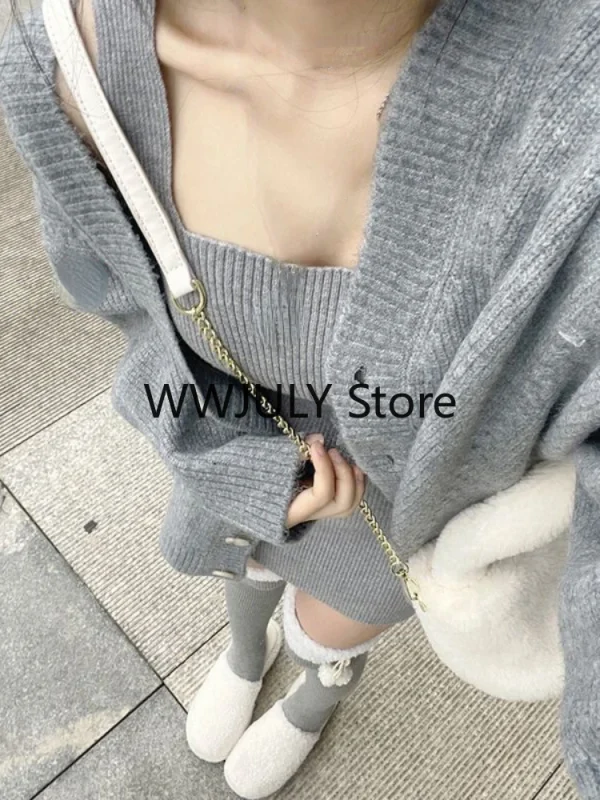 Knitted 2 Piece Dress Set Women Elegant Sweater Cardigan - Image 5