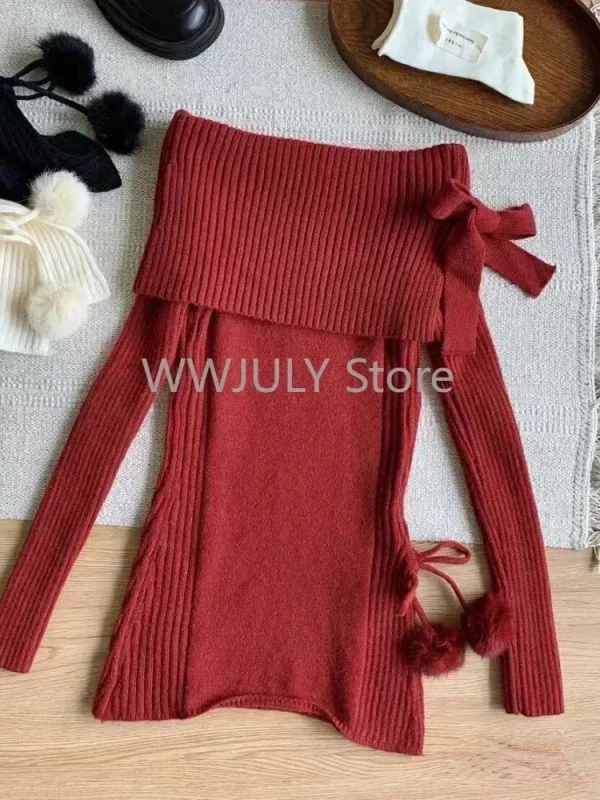 Woman Off Shoulder Bow Knitted Tops - Image 3