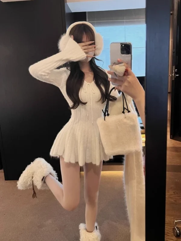 Spring Knitted  Short Party Dress Women White Elegant Slim Mini Dress - Image 2