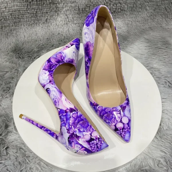 Purple Flower Painting Print Women Sexy 80 100 120 High Heel Party Shoes - Image 5