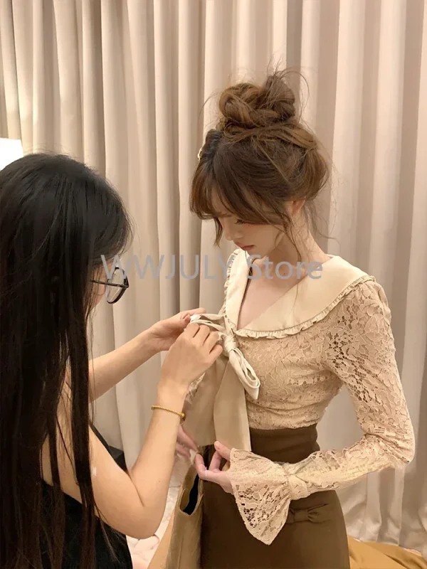 Woman Sweet Kawaii 2 Piece Set Hot Girls Casual Lace Blouse - Image 7