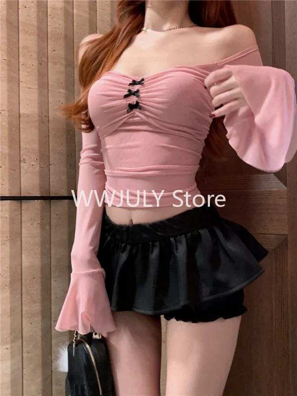 Off Shoulder Cropped T Shirts Women Korean Fashion Sweet Bow - Image 5