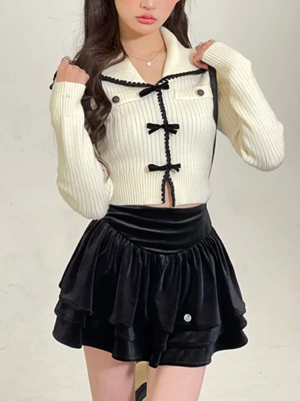 Pure Color Knitted Sweater Woman Korea Fashion  Crop Tops - Image 2