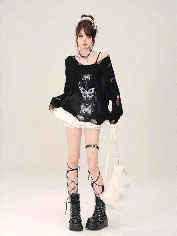 Women's Black Gothic Graffiti Print T-shirt Harajuku Korean - Image 3