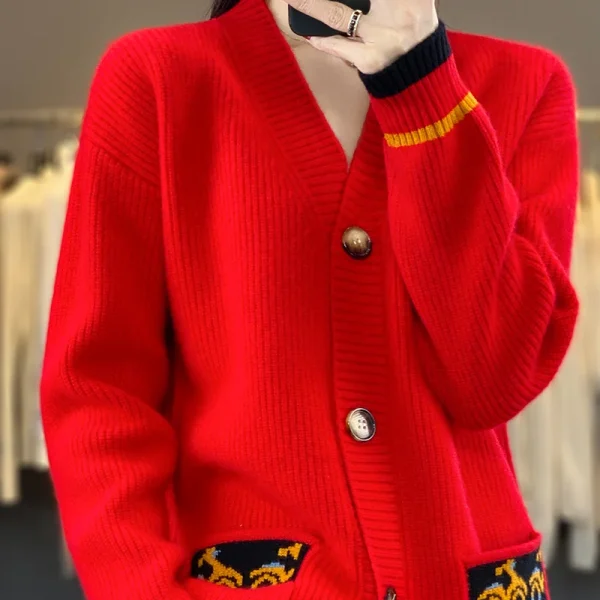 Wool women's V-neck knit cardigan contrast color long sleeve sweater - Image 3