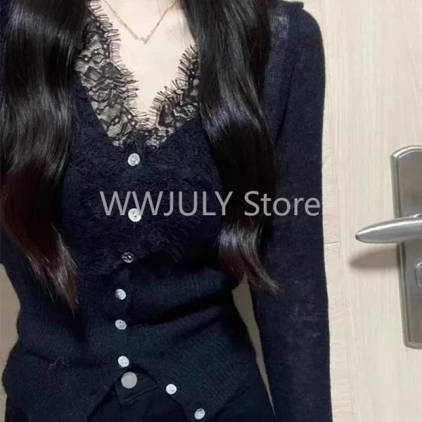 Winter Sexy Slim Lace Patchwork Knitted Tops Women's Clothing Casual V-Neck - Image 2