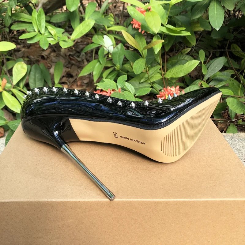 Extreme Thin High Heels Women Black Punk Spikes Stiletto Pumps - Image 5