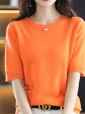 wool T-shirt spring and summer new women’s O-neck pullover