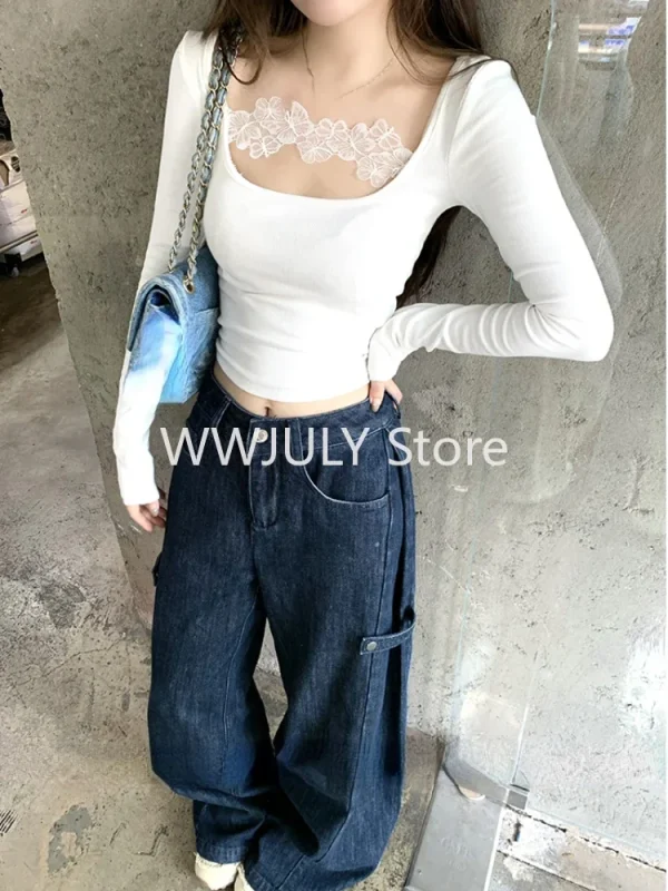 Casual White Lace T Shirts Woman Long Sleeve Slim  Crop Tops - Image 3