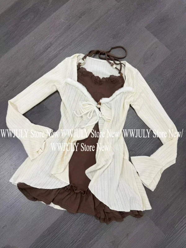 Women Ruffles Long Sleeve Knitted Cardigan - Image 2