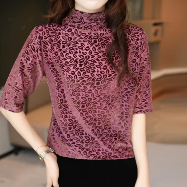 women's sleeve T-shirt slim and slim semi-high collar leopard - Image 4