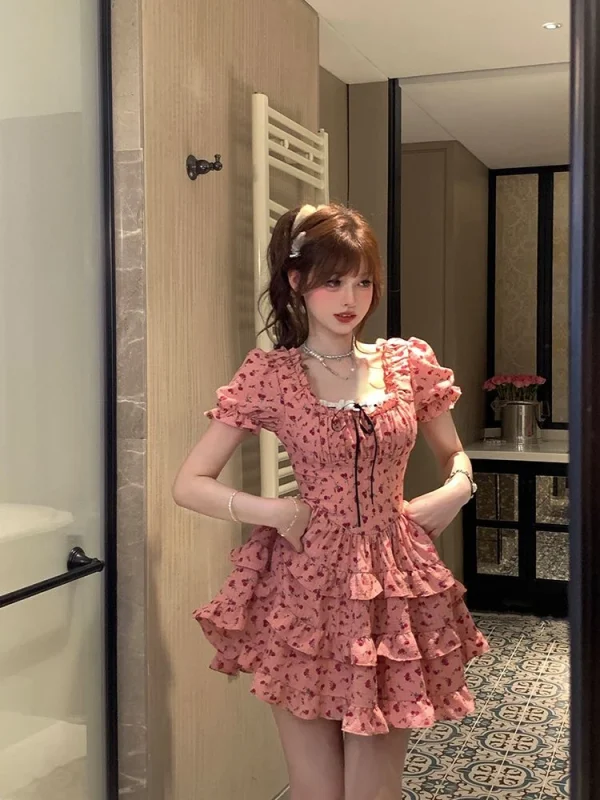 Elegant Floral Mini Dress Party Cute One Piece Dress Korean Fashion - Image 2