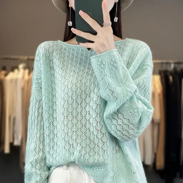 sweater women's knitted hollow round neck pullover - Image 4