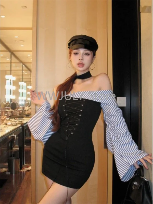 Woman American Style Vintage Off Shoulder Lace Up Sexy Dress - Image 2