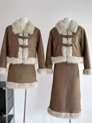 Faux Fur 2 Piece Skirt Set Women Casual  Blazers Coats Mini Skirts Chic