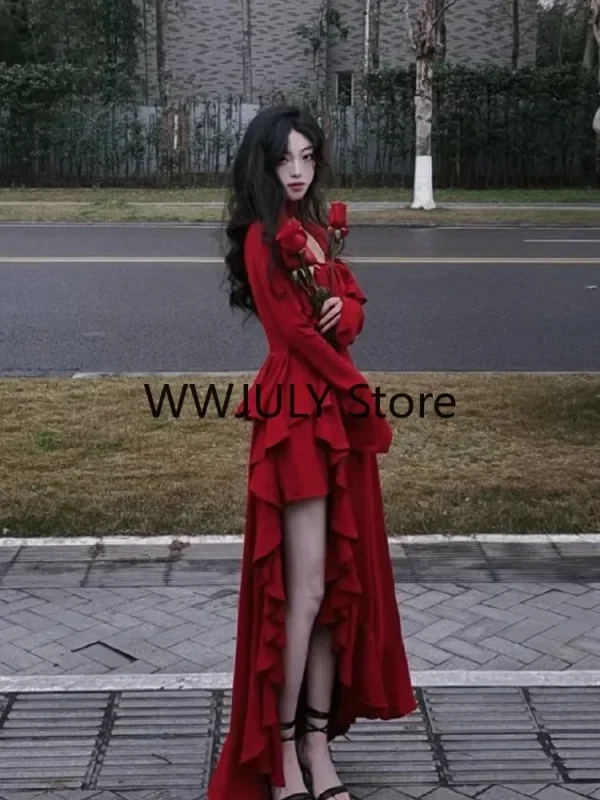 Red Square Collar Ruffle Party Dress Christmas Irregular Prom Dress - Image 5