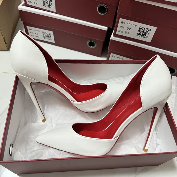 White Matte Sexy Red inside Side Cut Women's Pointy Toe High Heel - Image 3