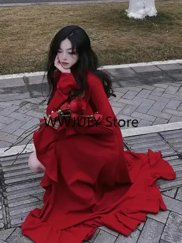 Red Square Collar Ruffle Party Dress Christmas Irregular Prom Dress - Image 3