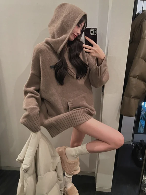 Winter Loose Hooded Clothing Woman Korean Fashion Knitted Sweater