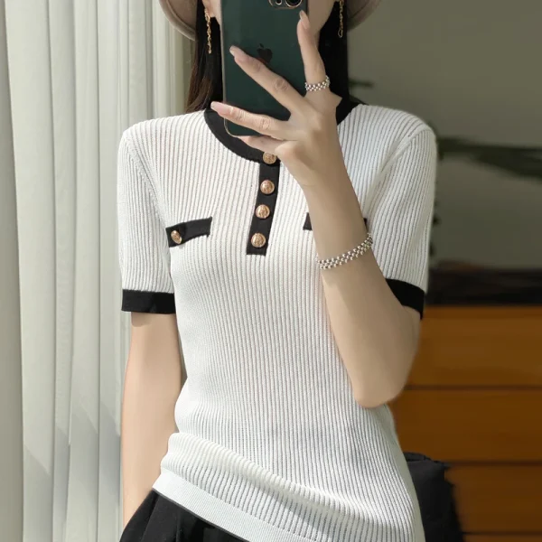 sweater women's color matching round neck pullover short sleeve - Image 3