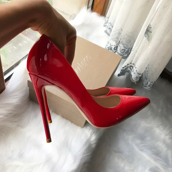 Glossy Red Women Pointy Toe High Heel Shoes - Image 5