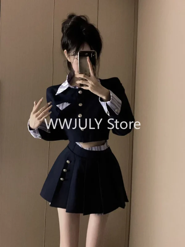 Uniform College Style Fashion Blazer Set Patchwork Elegant Crop Tops - Image 5