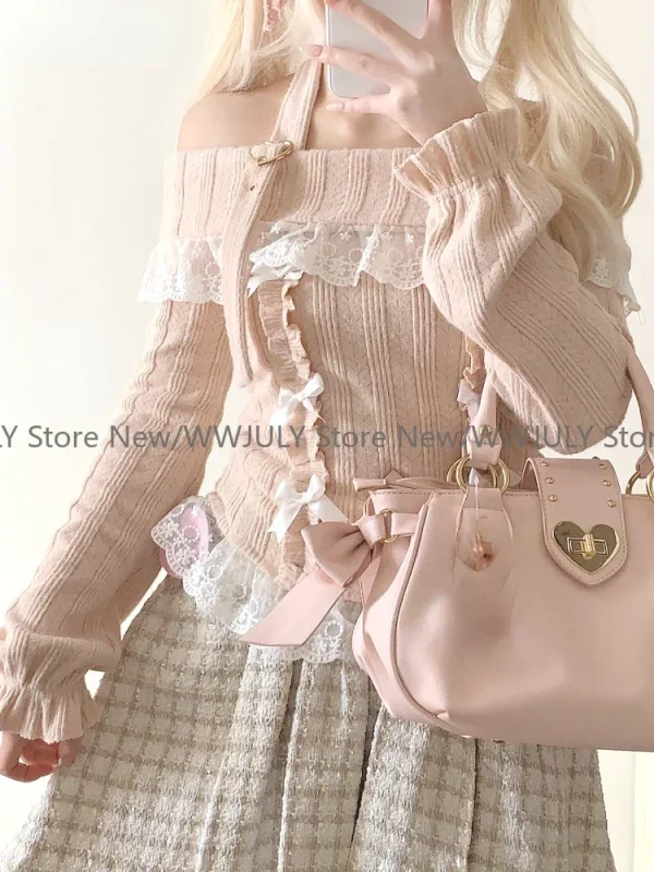 Lolita Slash Neck Halter Sweater Women 205 Kawaii Lace Patchwork - Image 3