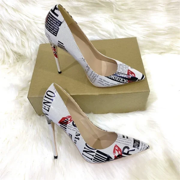 Sexy Letters Print Women White Pointy Toe High Heel Party Shoes - Image 3