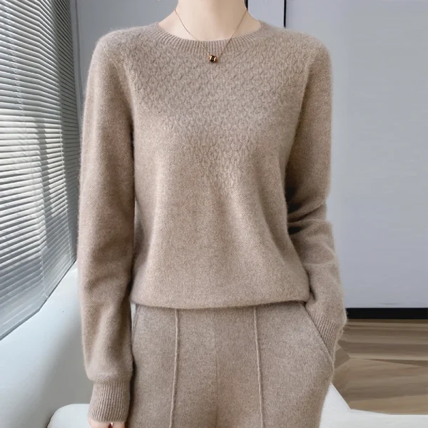 Cashmere sweater round neck solid color jacquard pullover loose knit - Image 4