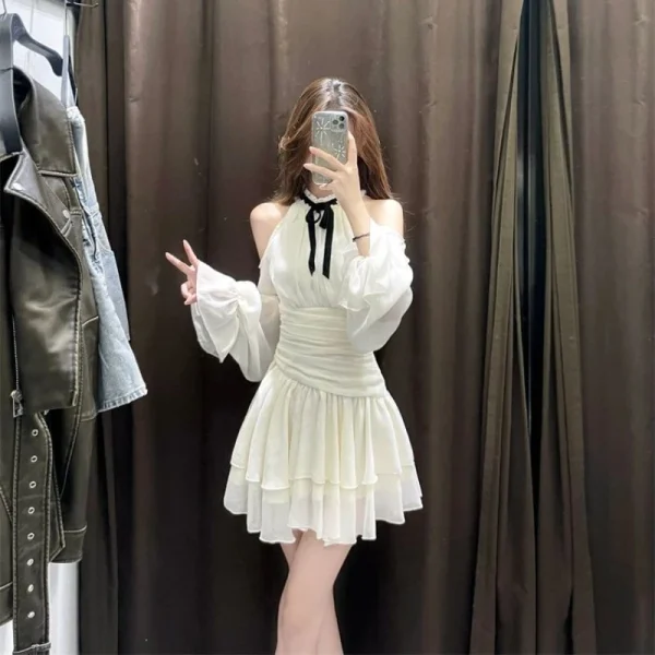 Dresses Women Korean Fashion Off Shoulder Hanging Neck Dress - Image 2