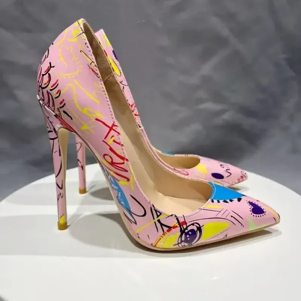 Pink Artistic Graffiti Print Women Sexy Pointy Toe - Image 3