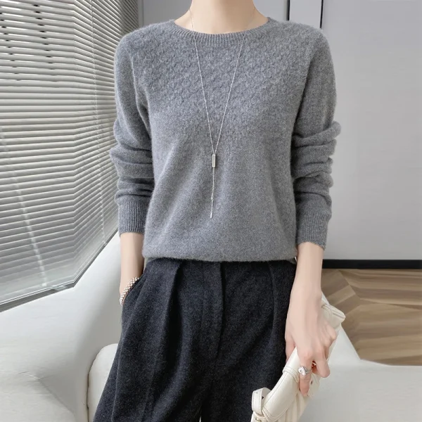 Cashmere sweater round neck solid color jacquard pullover loose knit - Image 5