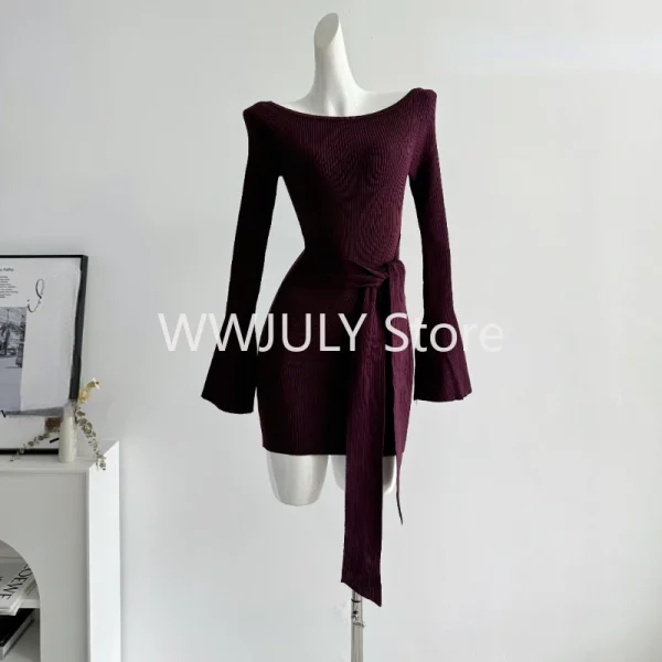 Sexy Slim Bodycon Knitted Dress Woman Purple Elegant Mini Dress Party - Image 5